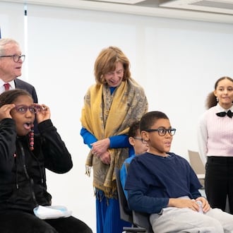 Ohio Gov. Mike DeWine and First Lady Fran DeWine attend a launch event at Campus International School in Cleveland for OhioSEE, a new state program to provide free eyeglasses for Ohio students.
