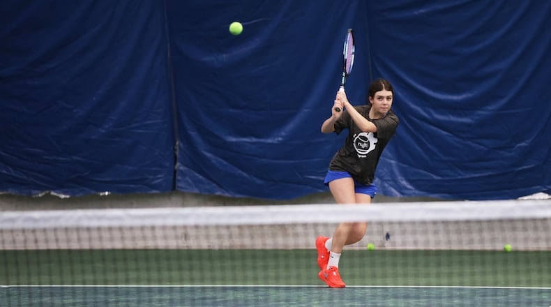 Mariia Vainshtein participates in drills during tennis practice at the Cary Leeds Center for Tennis and Learning in the Bronx borough of New York, Saturday, Jan. 31, 2026. (AP Photo/Heather Khalifa)