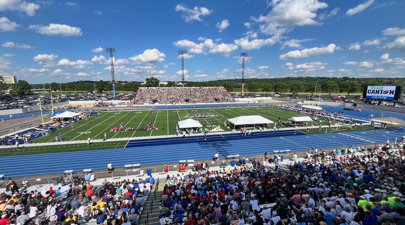 The scene at Welcome Stadium in Dayton during the OHSAA Division III state track and field championships on Thursday, May 30, 2024. David Jablonski/Staff
