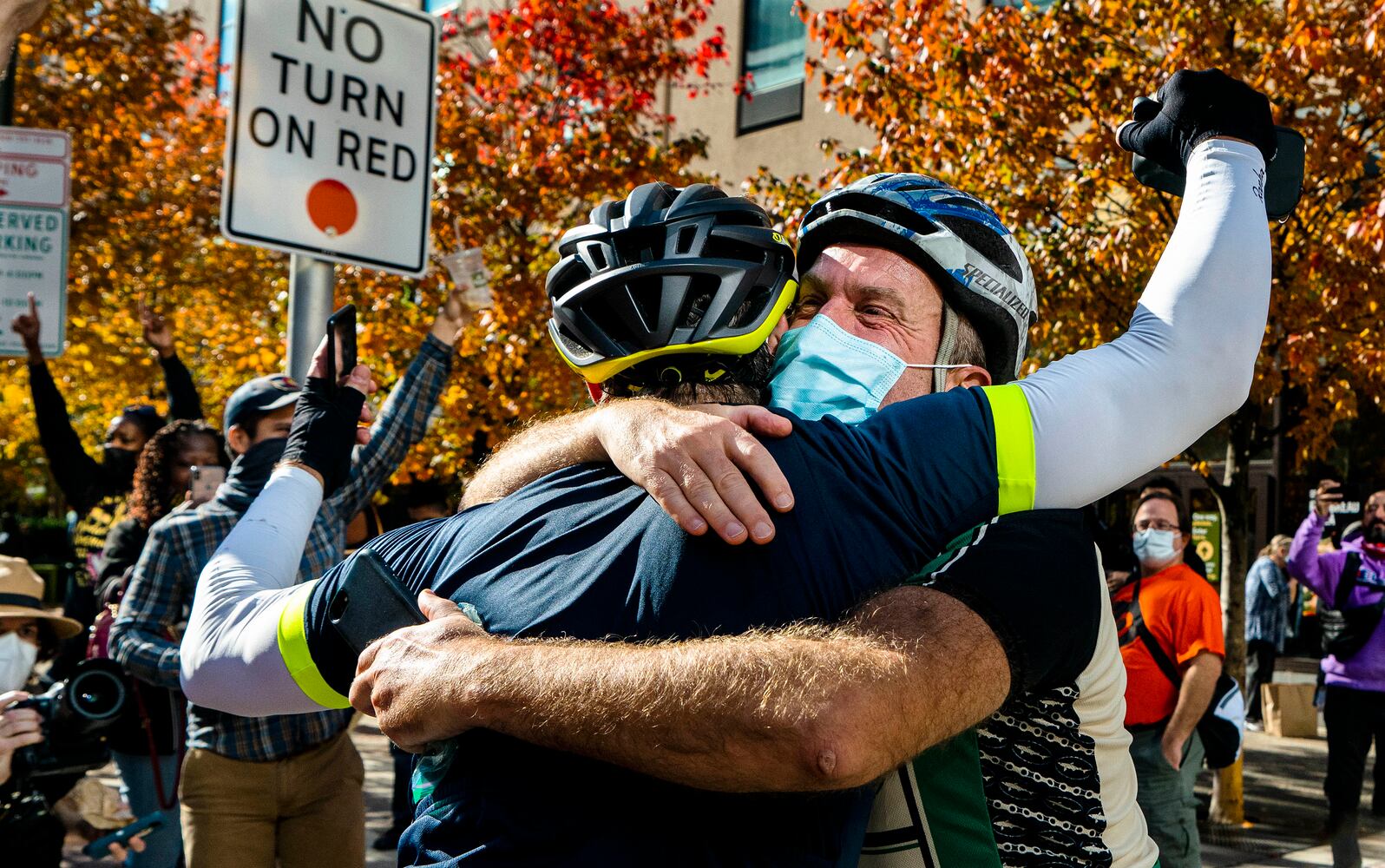 People celebrate after it was announced that Joe Biden was elected the 46th president of the United States, on Saturday, Nov. 7, 2020, outside the Philadelphia Convention Center. President-elect Biden achieved victory offering a message of healing and unity. He will return to Washington facing a daunting set of crises. (Ruth Fremson/The New York Times)