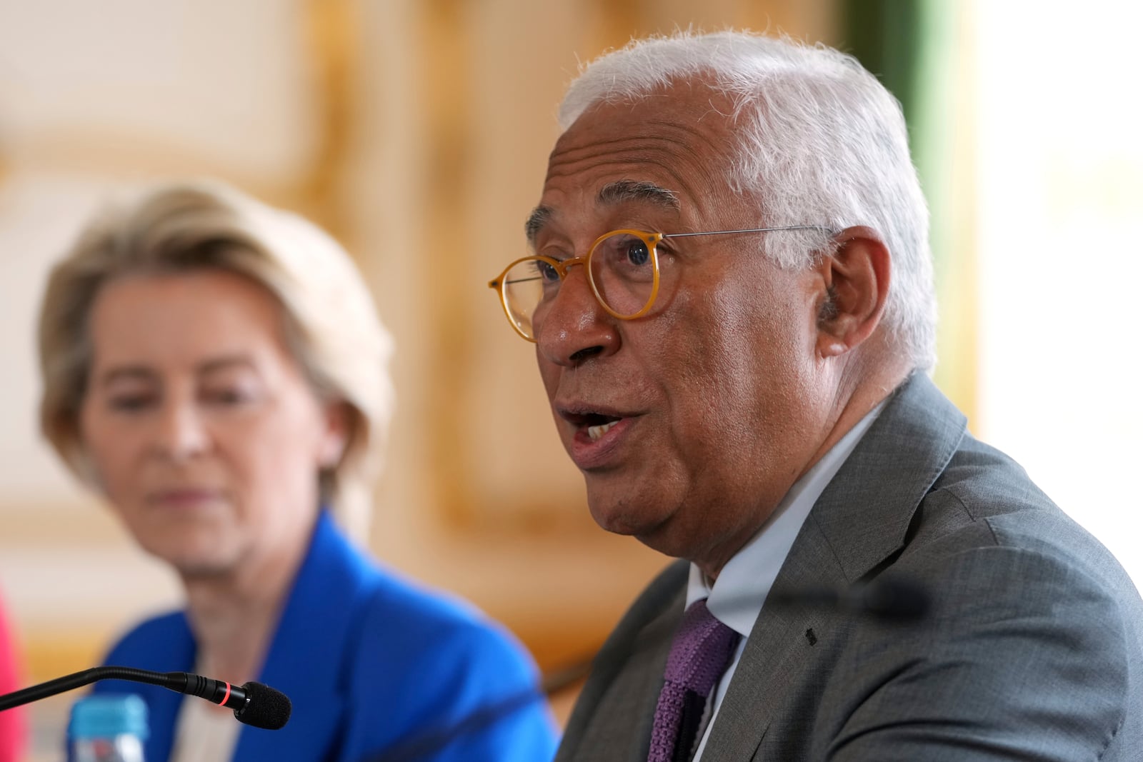 European Council President Antonio Costa speaks during a meeting between the U.K. and the European Union to discuss closer ties in their first official summit since Brexit, in London, Monday, May 19, 2025.(AP Photo/Kin Cheung, Pool)