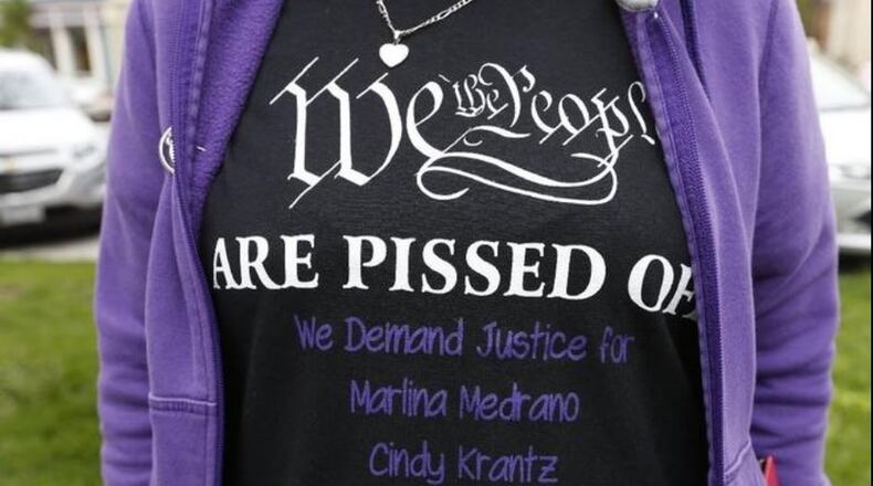 This T-shirt was worn at a rally in Newark in May to protest the fatal shootings of three people in Kirkersville by the ex-boyfriend of one of the victims. BARBARA J. PERENIC/THE COLUMBUS DISPATCH
