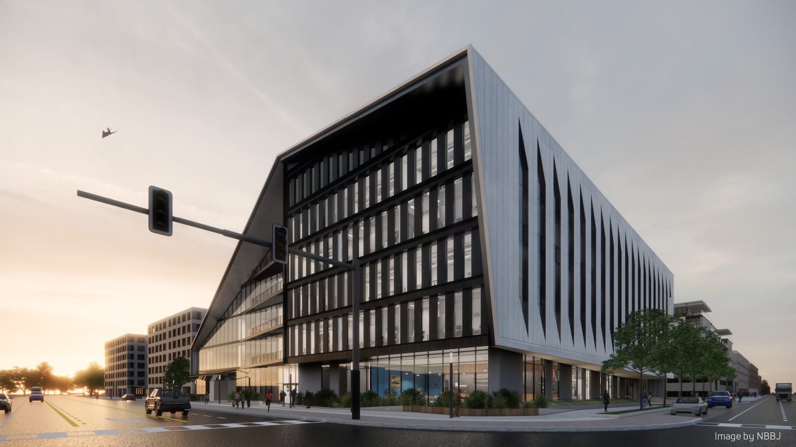 An artist's conception of the first building of the onMain Innovation District, called "Think Dayton." Shook Construction is raising the building now near Main and Stewart streets. onMain image.