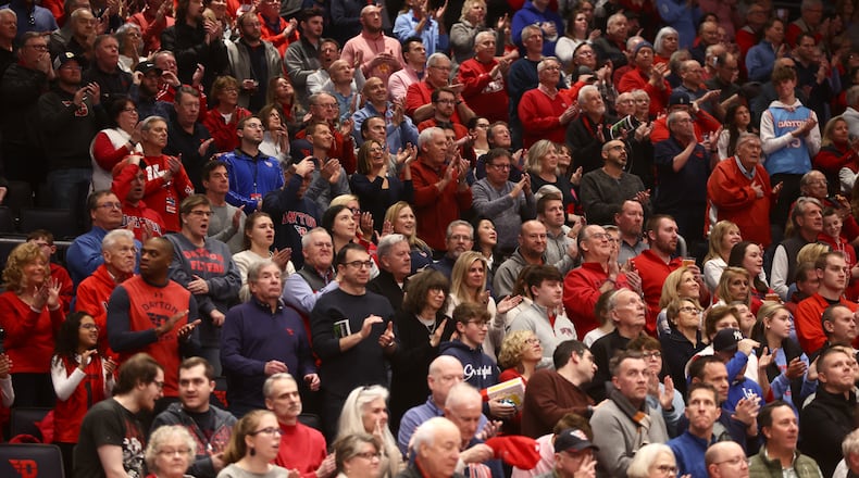 Dayton fans stand for the national anthem before a game against Richmond on Saturday, Jan. 28, 2023, at UD Arena. David Jablonski/Staff