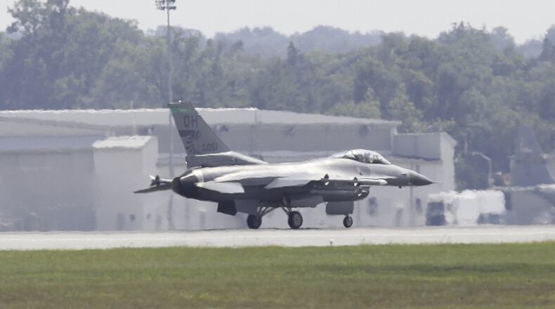 An F-16 of the Ohio Air National Guard’s 180th Fighter Wing on a pior training mission at Wright-Patterson Air Force Base. STAFF FILE PHOTO