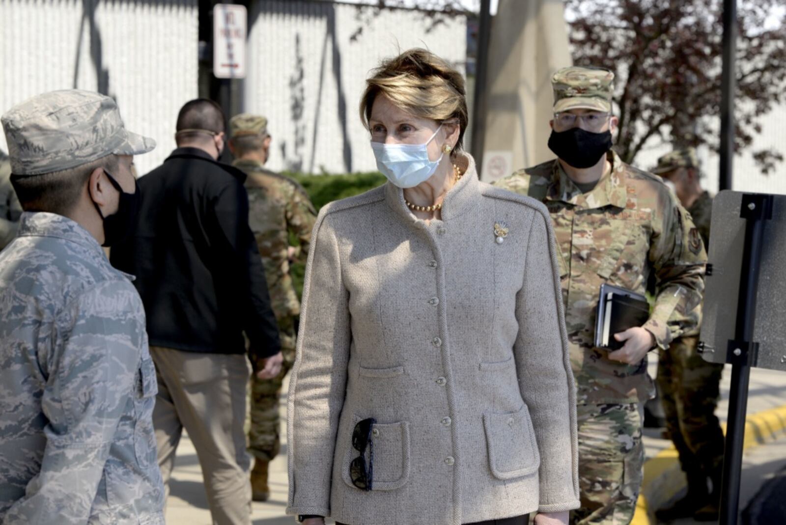 Secretary of the Air Force Barbara Barrett speaks with 88th Medical Group personnel at Wright-Patterson Air Force Base, Ohio, April 21, 2020.