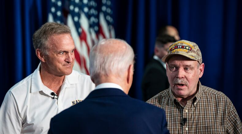 President Joe Biden greets veterans after speaking about care for veterans suffering from toxic exposure, at Westwood Park YMCA in Nashua, N.H., Tuesday, May 21, 2024. (Haiyun Jiang/The New York Times)
