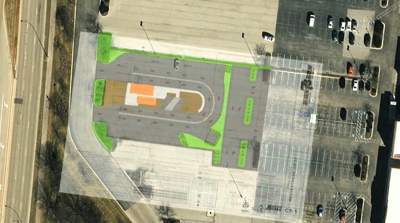 A diagram shows where New York-based 7 Brew Coffee will build a drive-thru coffee shop in Beavercreek. On the left edge of the photo is North Fairfield Road. On the right edge is the REI Co-op store slated to open next month. CONTRIBUTED
