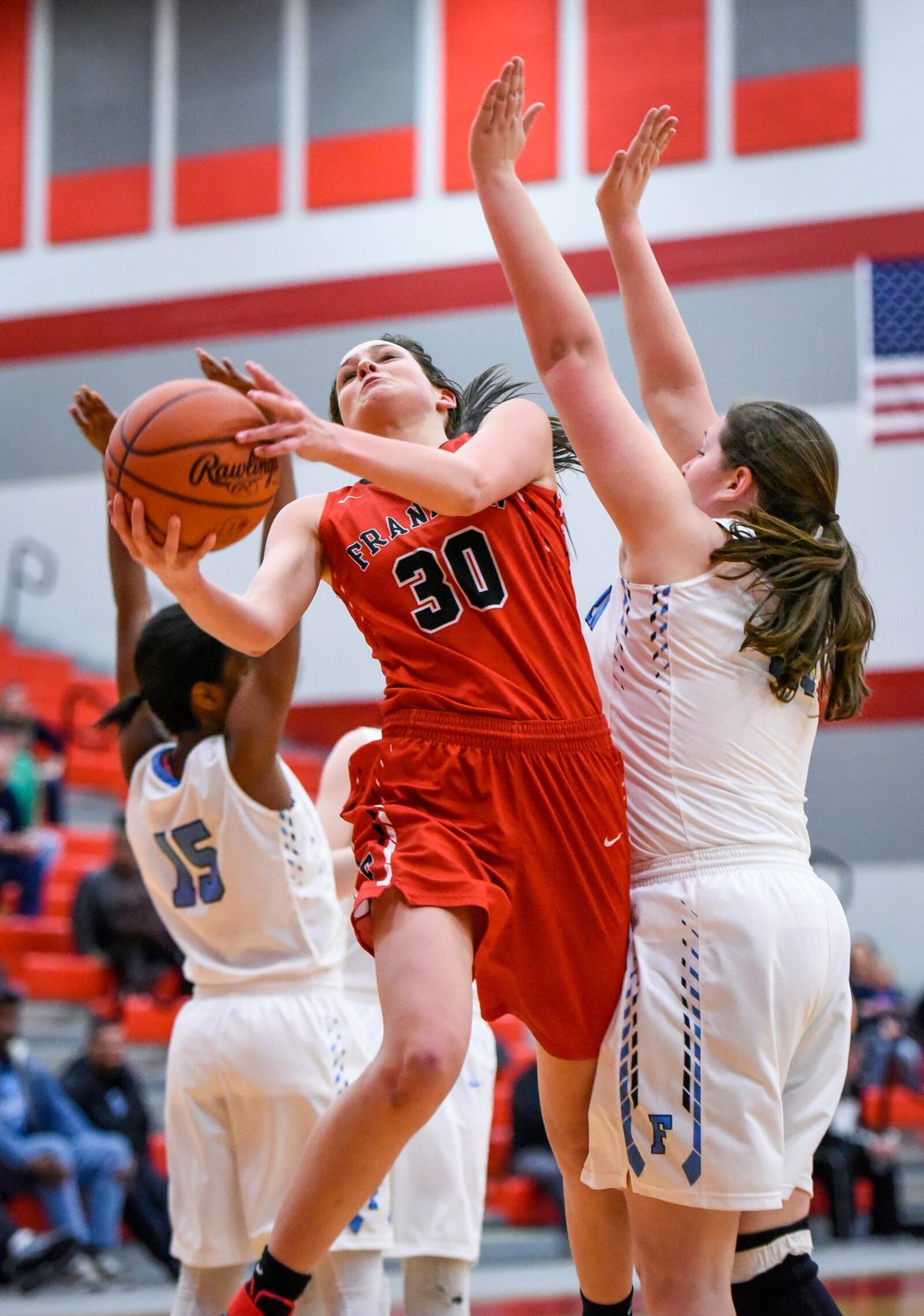 Franklin’s Layne Ferrell maneuvers for a shot against Fairborn during Division I sectional play Feb. 20, 2017, at Troy. NICK GRAHAM/STAFF