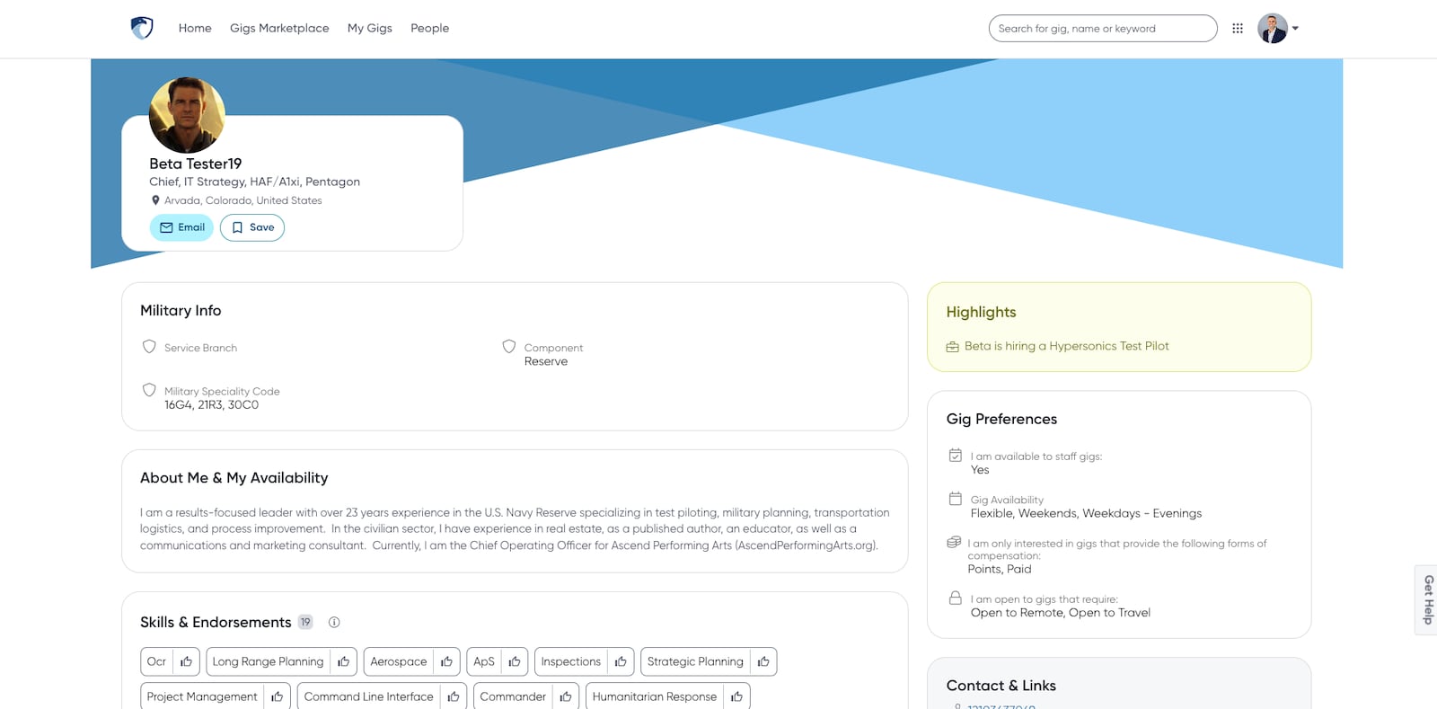 Shown here in a sandbox environment, GigEagle allows members to share their military and civilian skills and experiences and uses precision talent matching algorithms to connect them with mission needs. Air Force photo