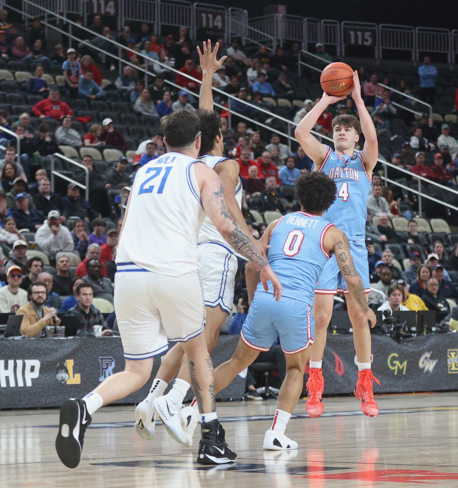 Dayton's Jordan Derkack shoots against Saint Louis in the semifinals of the Atlantic 10 Conference tournament on Saturday, March 14, 2026, at PPG Paints Arena in Pittsburgh. David Jablonski/Staff
