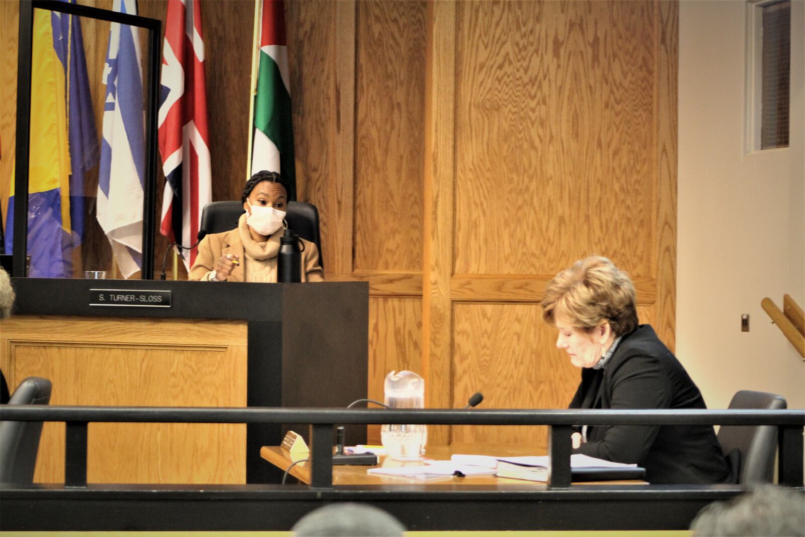 Dayton City Commissioner Shenise Turner-Sloss and City Manager Shelley Dickstein during a public hearing about the 2023 budget on Wednesday, Jan. 25, 2023. CORNELIUS FROLIK / STAFF
