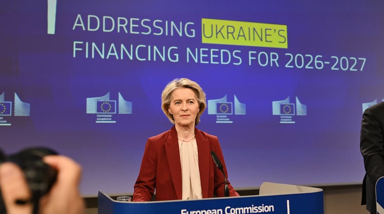 European Commission President Ursula von der Leyen addresses a media conference regarding Ukraine's financing needs for 2026-2027 at EU headquarters in Brussels, Wednesday, Dec. 3, 2025. (AP Photo/Harry Nakos)