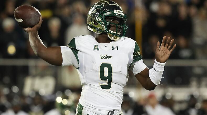 ORLANDO, FL - NOVEMBER 24: Quinton Flowers #9 of the South Florida Bulls throws the ball during the second half against the UCF Knights at Spectrum Stadium on November 24, 2017 in Orlando, Florida. UCF Knights defeated South Florida Bulls 49-42. (Photo by Logan Bowles/Getty Images)