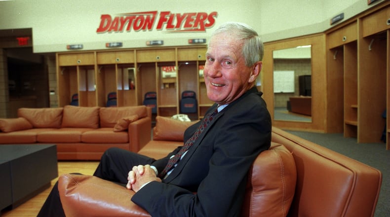 Former Dayton basketball coach Don Donoher relaxes on a leather couch in the new men’s basketball locker room at the Donoher Basketball Center in 1998. Donoher coached the 1966-67 Flyers to a runner-up finish in the NCAA Tournament. FILE PHOTO