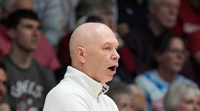 Saint Mary's head coach Randy Bennett yells to his players during the first half against Gonzaga in an NCAA college basketball game in Moraga, Calif., Saturday, Feb. 28, 2026. (AP Photo/Tony Avelar)