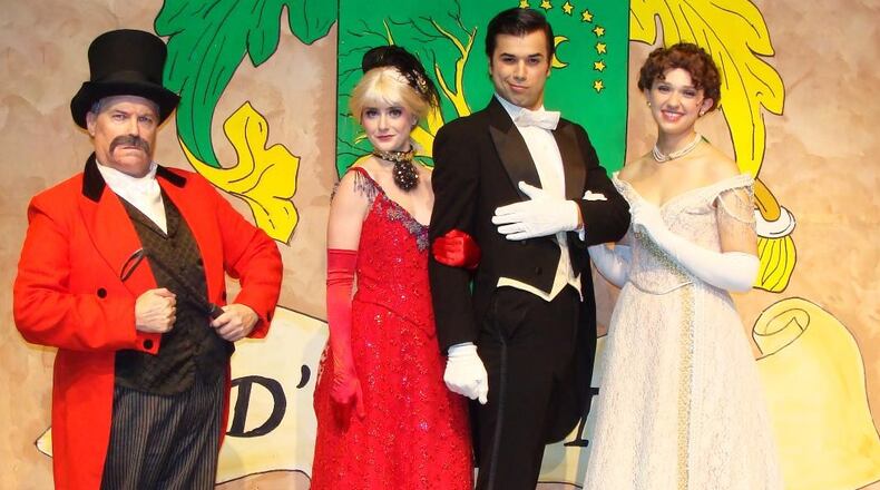 (left to right) Chris Beiser (in multiple D'Ysquith roles), KatieAnn Bonavita (Sibella Hallward), David Thomas (Monty Navarro) and Hannah Hensler (Phoebe D'Ysquith) appear in La Comedia Dinner Theatre's production of "A Gentleman's Guide to Love and Murder." CONTRIBUTED