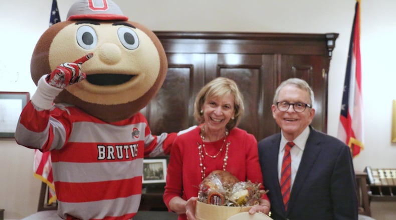 In 2019, Ohio Gov. Mike DeWine collected on a friendly bet with Michigan Gov. Gretchen Whitmer on the outcome of the Ohio State-Michigan game. The payola? A basket of goodies from a famous Ann Arbor deli.