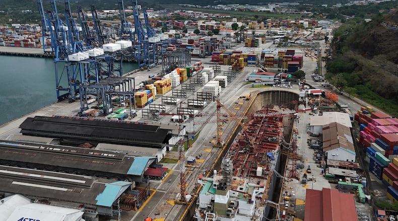 An aerial view of the Balboa terminal, run by CK Hutchison's Panama Ports Co., after Panama's government ordered the occupation of the port following a Supreme Court ruling that the concession was unconstitutional, in Panama City, Monday, Feb. 23, 2026. (AP Photo/Matias Delacroix)