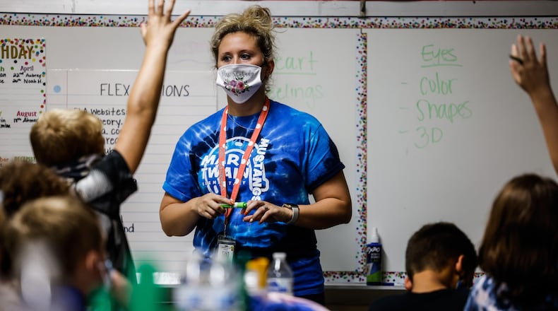 Mrs. Shahady is substituting at Mark Twain Elementary in Maimisburg. School districts across the Miami Valley, including Miamisburg schools, have been working to dal with the challenge of recruiting and retaining substitute teachers. JIM NOELKER/STAFF
