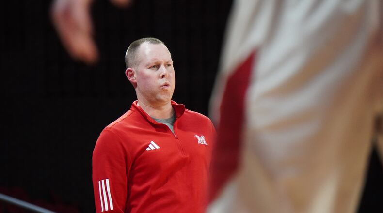 Miami men's basketball coach Travis Steele during a game vs. Bowling Green at Millett Hall on Jan. 21, 2025. Chris Vogt/CONTRIBUTED