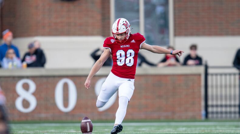 Miami kicker Graham Nicholson on Tuesday was named one of three finalists for the Lou Groza Award, honoring the nation's top collegiate kicker. Nicholson is 23-for-23 on field goals this season. Miami Athletics photo