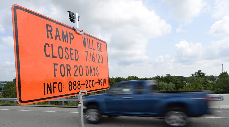 A sign has been posted at the northbound State Route 844 ramp to S.R. 444, warning of a ramp closure starting July 6 and lasting for 20 days near Gate 12A on Wright-Patterson Air Force Base. (U.S. Air Force photo/Ty Greenlees)