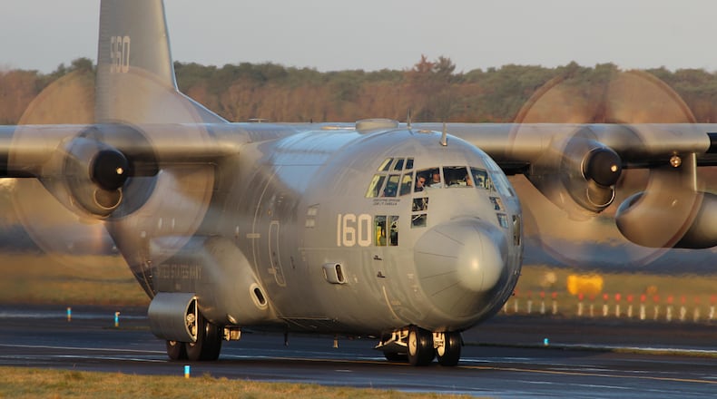 FCHB1H The US Navy C-130T (165160) taxis out for departure at Prestwick International Airport. Collins image