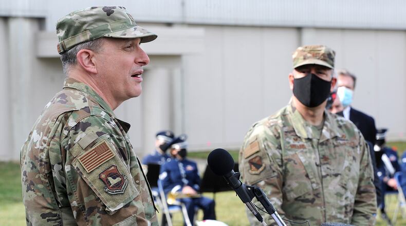 Col. Maurizio Calabrese, then-commander at the National Air and Space Intelligence Center at Wright-Patterson Air Force Base, spoke at the groundbreaking ceremony for NASIC's Intelligence Production Complex in November 2020. MARSHALL GORBY\STAFF