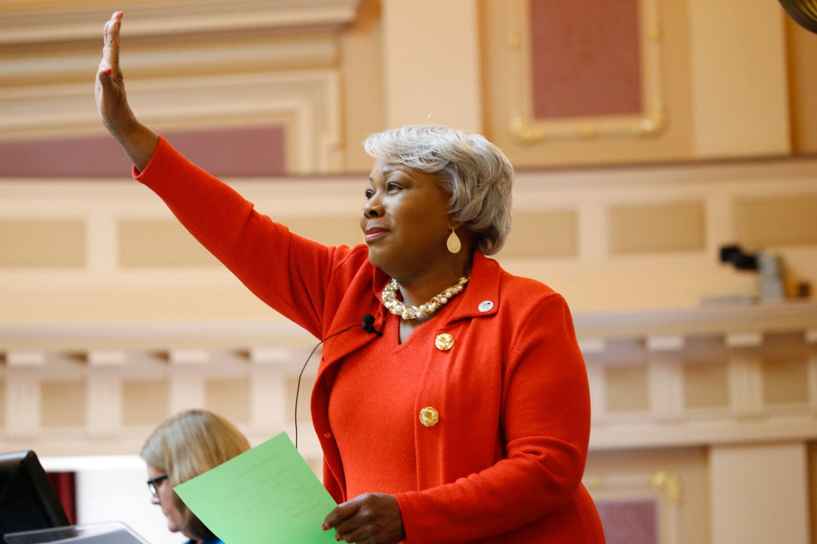 FILE - Virginia Senate President Pro Tempore, Sen. Louise Lucas, D-Portsmouth, recognizes a visitor in the gallery as she presides over the Senate, Jan 27, 2020, at the state Capitol in Richmond, Va. (AP Photo/Steve Helber, File)