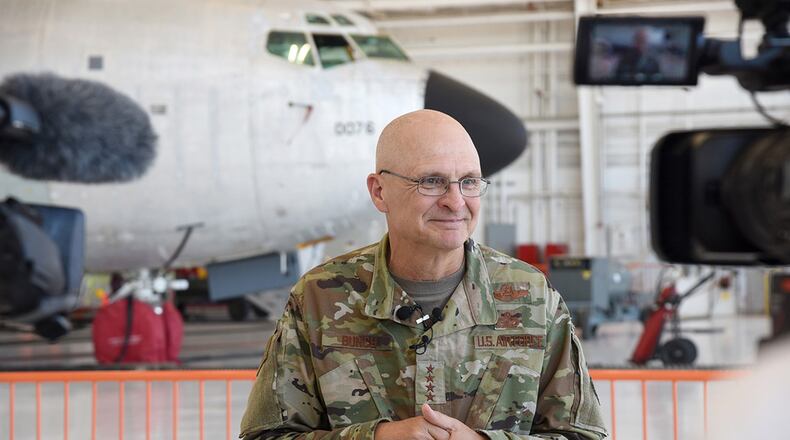 Air Force Materiel Command Commander Gen. Arnold Bunch Jr. spoke in front of a KC-135 Stratotanker at a press conference July 24, 2019, to address his visit to Tinker Air Force Base. After touring several workplaces, Bunch and AFMC Command Chief Master Sgt. Stanley Cadell gained a broader understanding of Air Force Sustainment Center and Team Tinker missions and their impact to the Air Force. (U.S. Air Force photo/Kelly White)