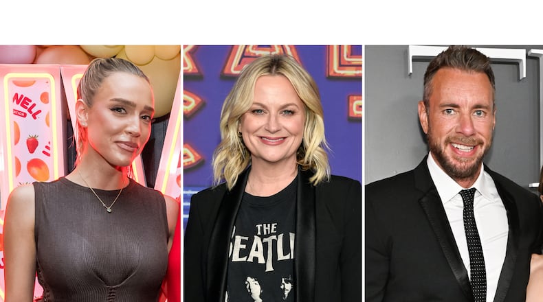 This combination of images shows, from left, Alex Cooper, Amy Poehler, and Dax Shepard. (AP Photo)