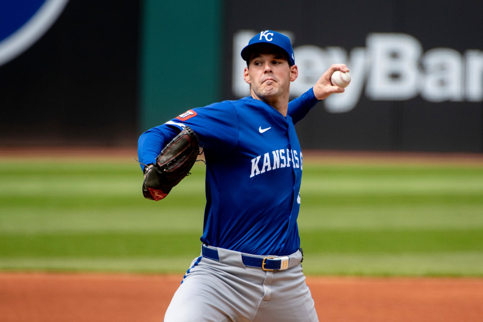 Kansas City Royals starting pitcher Cole Ragans delivers against the Cleveland Guardians during the first inning of a baseball game in Cleveland, Sunday, April 13, 2025. (AP Photo/Phil Long)