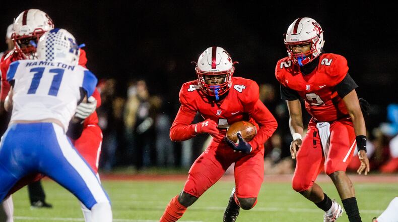 Fairfield’s Phil Thomas carries the ball during their first round playoff football game against Hamilton Friday, Nov. 9, 2019 in Fairfield. Fairfield won 37-13 to advance to the next round. NICK GRAHAM/STAFF