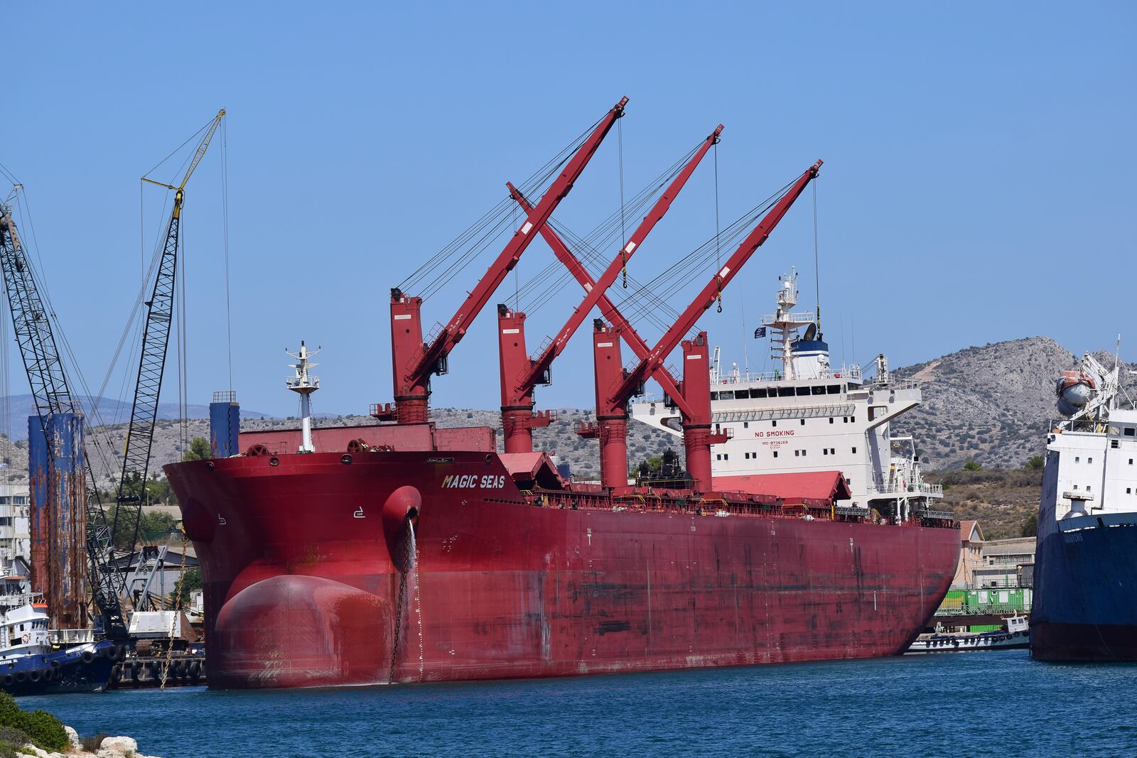The Liberian-flagged bulk carrier Magic Seas is seen in Ambelakia Bay, Salamis Island, Greece, Aug. 9, 2022. (Nektarios Papadakis via AP)