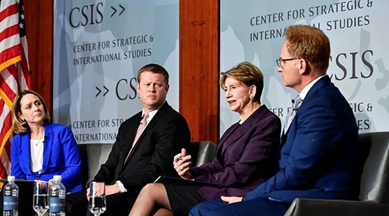 Secretary of the Air Force Barbara M. Barrett (second from right) delivers remarks during a panel discussion with Army Secretary Ryan McCarthy (second from left) and acting Navy Secretary Thomas Modly (right) hosted by Kathleen Hicks (left), senior vice president of the think tank Center for Strategic and International Studies, at the center in Washington, D.C., Feb. 21. The service secretaries discussed their respective department’s posture and budget proposals. (U.S. Air Force photo/Eric Dietrich)