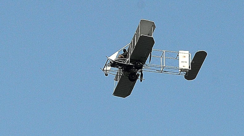 A replica of the Wright B Flyer flew over Hawthorn Hill in Oakwood Sept. 18, 2023. MARSHALL GORBY\STAFF