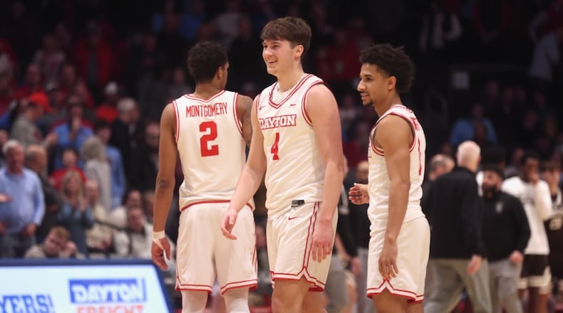 Dayton's Jordan Derkack smiles after making two tie-breaking free throws in the final seconds of a victory against St. Bonaventure on Tuesday, Feb. 3, 2026, at UD Arena. David Jablonski/Staff