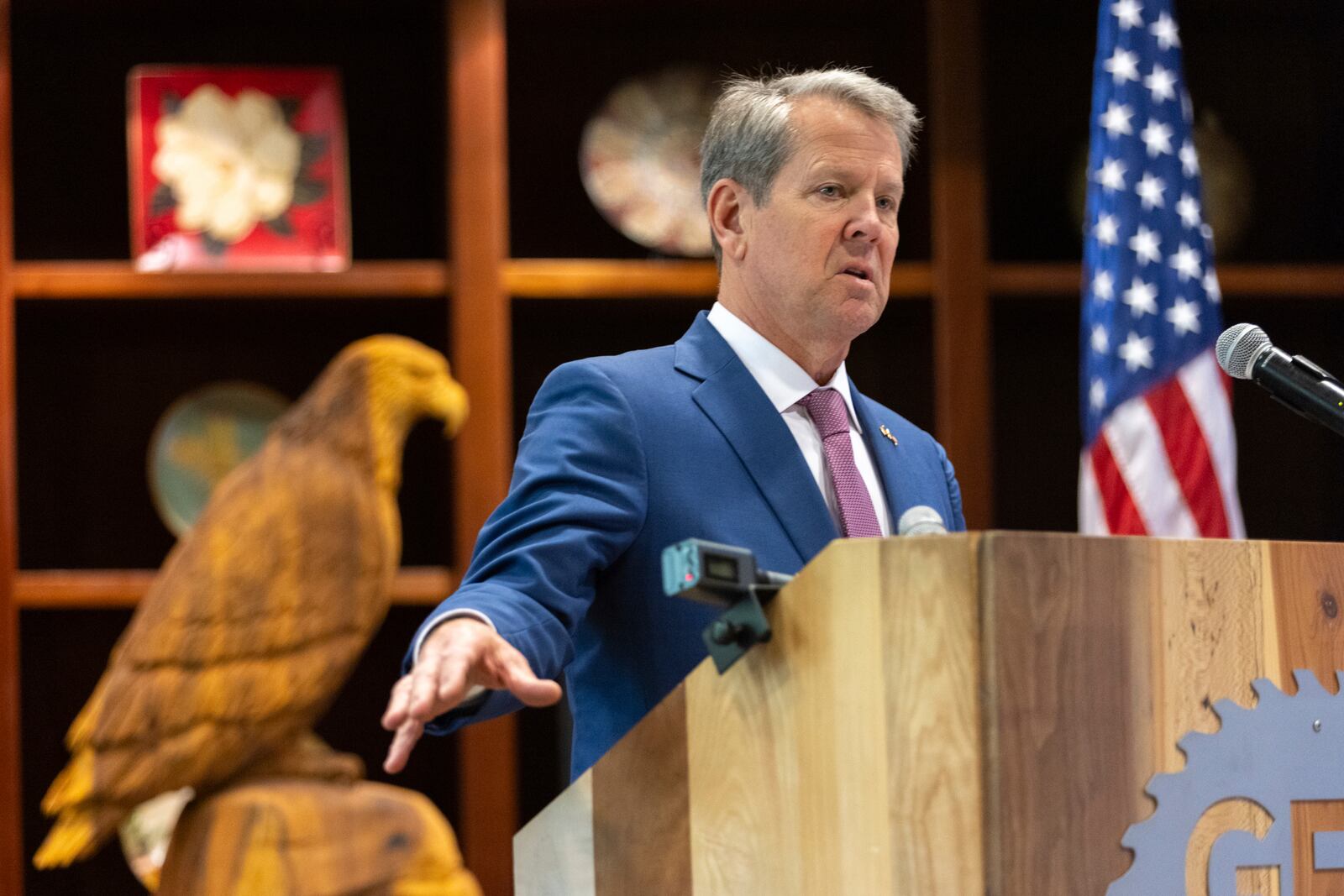 FILE - Gov. Brian Kemp speaks before signing Hurricane Helene relief bills at the Georgia Forestry Association in Forsyth, Ga., on May 8, 2025. (Arvin Temkar/Atlanta Journal-Constitution via AP, File)