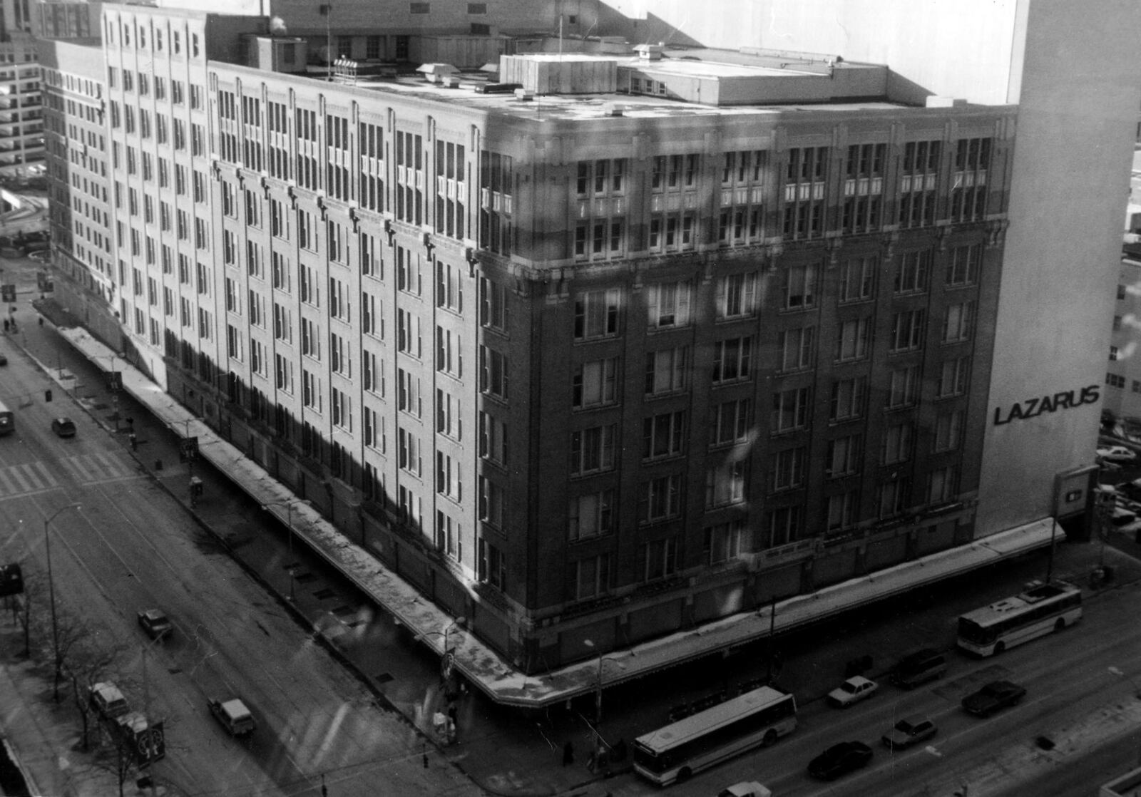 Exterior view of Lazarus in downtown Dayton from the Kettering Tower, 1989. The building was previously home to Rike's department store and is now the site of the Schuster Center for the Performing Arts.