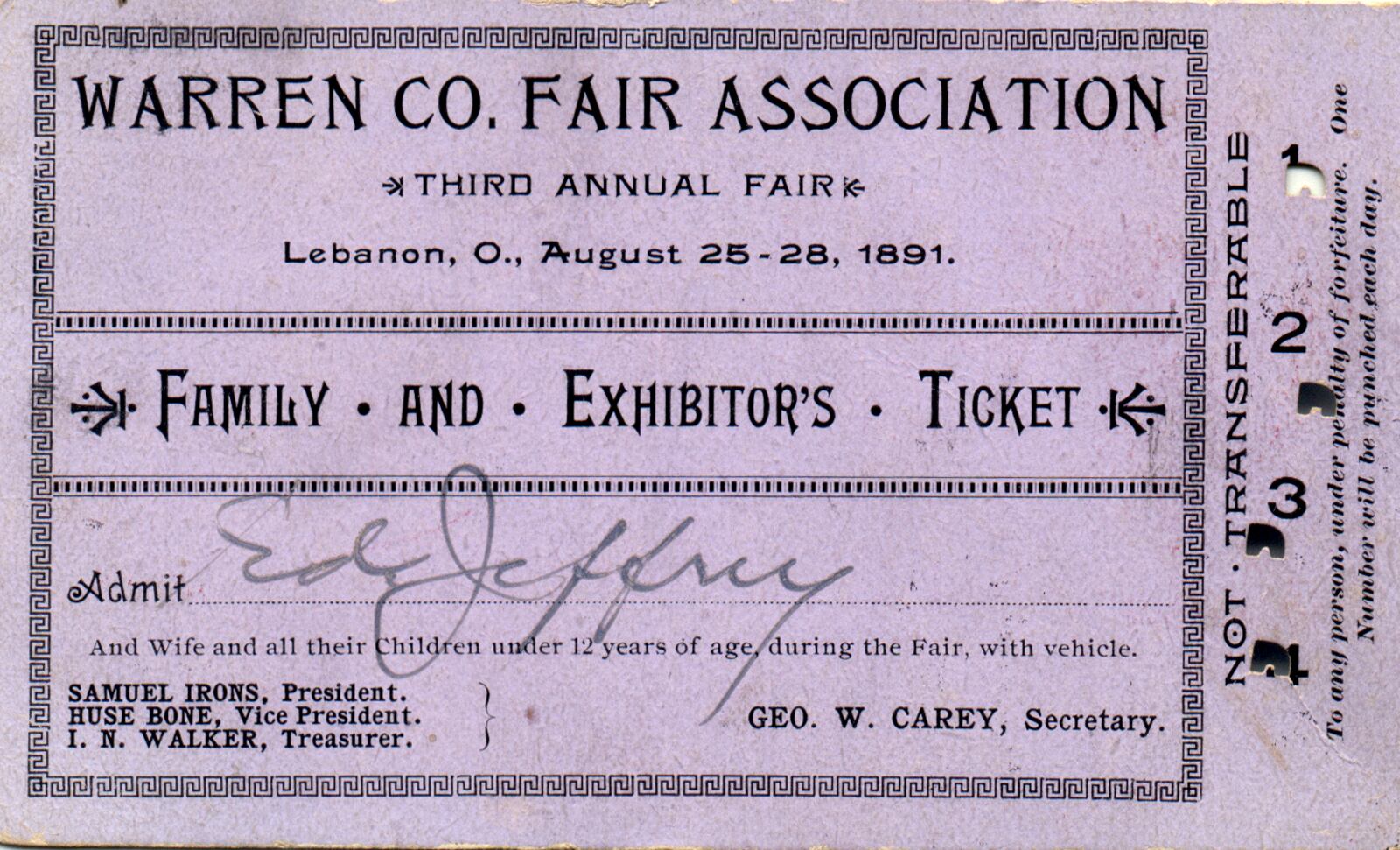 The family and exhibitor's ticket to the Warren County Fair issued to the family of Edward C. Jeffrey in 1891. His son, Robert Jeffrey, was a longtime board member and fair president. DAYTON DAILY NEWS ARCHIVE