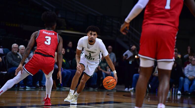 Wright State's Trey Calvin is defended by Youngstown State's Ej Farmer during a game at the Nutter Center on Feb. 1, 2024. Joe Craven/Wright State Athletics