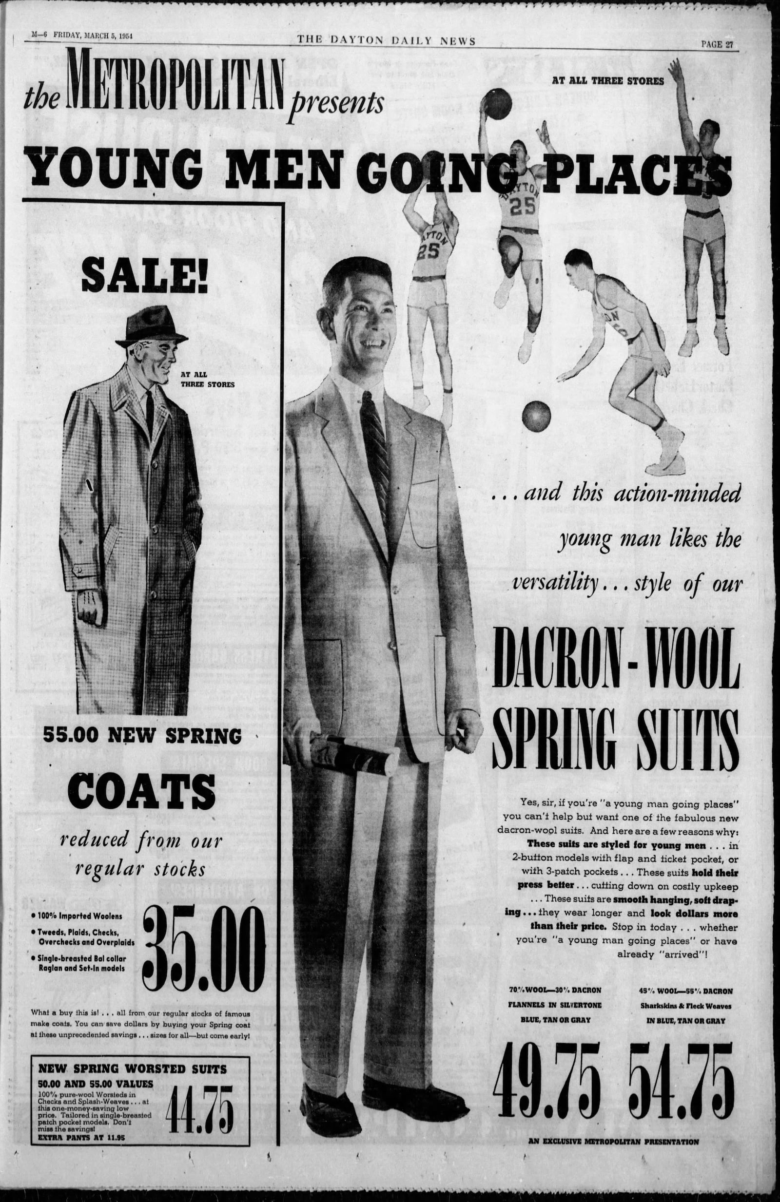 Whether you were “a young man going places” or had already “arrived” in 1954, you could find Dacron-wool spring suits at the Metropolitan for $49.75 or $54.75, depending on the if you wanted “flannels in silvertone” or “sharkskins in fleck weaves.” DAYTON DAILY NEWS ARCHIVES