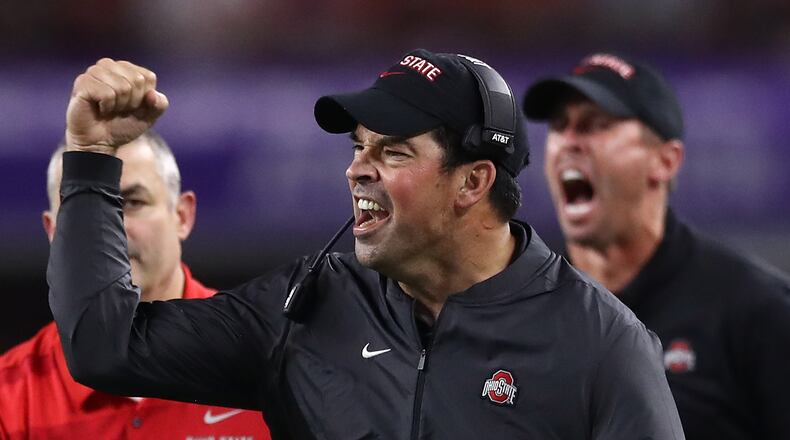 ARLINGTON, TX - SEPTEMBER 15: Interim head coach Ryan Day of the Ohio State Buckeyes reacts during The AdvoCare Showdown against the TCU Horned Frogs at AT&T Stadium on September 15, 2018 in Arlington, Texas. (Photo by Ronald Martinez/Getty Images)