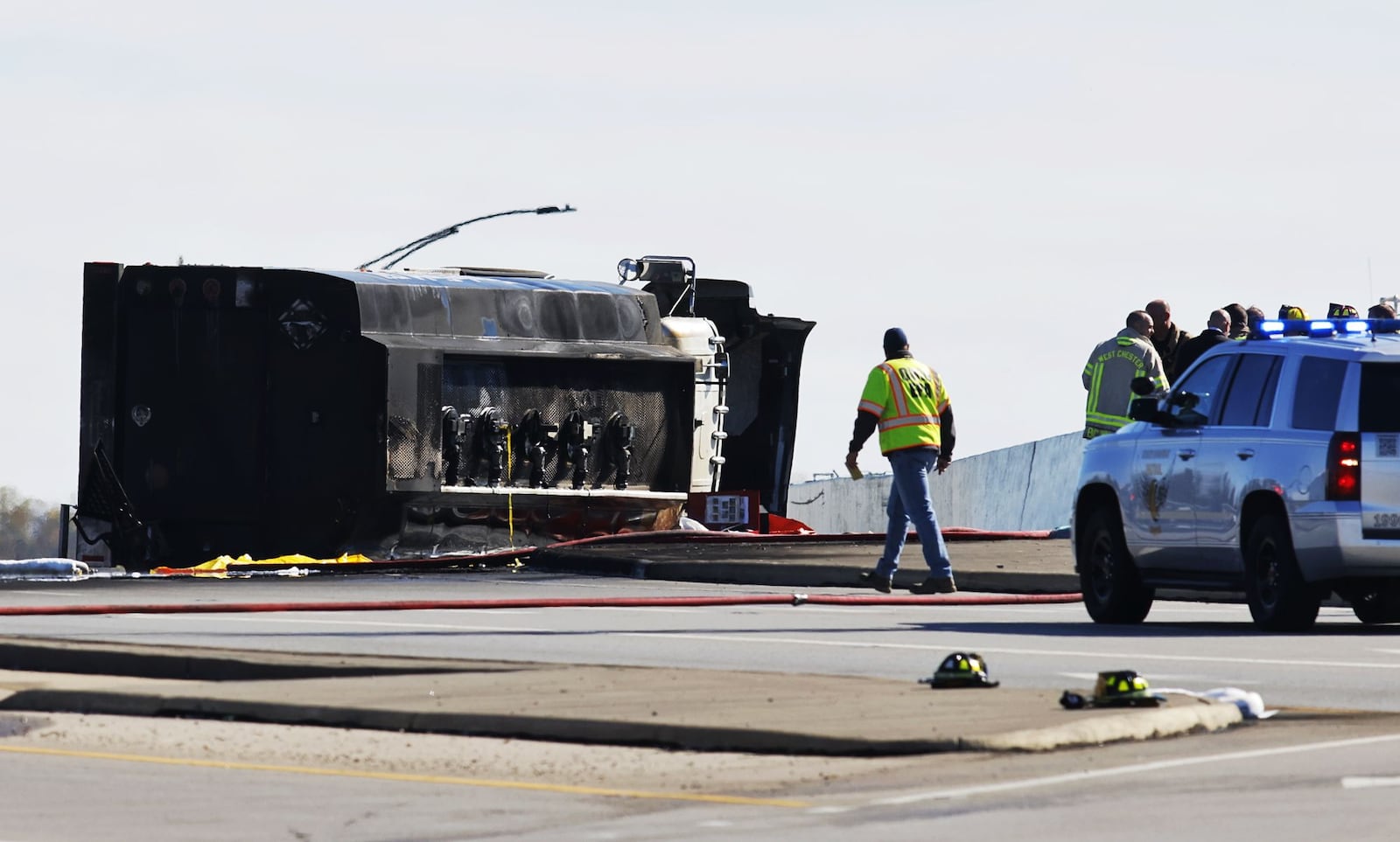 Crews responded Tuesday afternoon to a tanker truck diesel blaze at the Union Centre Boulevard overpass on Interstate 75. The fire was quickly contained. NICK GRAHAM/STAFF