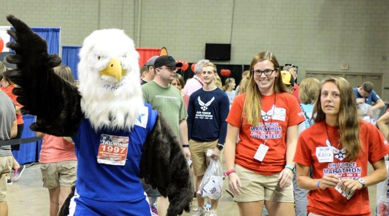 New to the marathon last year was the introduction of the official Air Force Marathon mascot, Tailwind, who will once again serve as a goodwill ambassador during the 2017 Air Force Marathon Sports and Fitness Expo Sept. 14-15. (U.S. Air Force photo/Rick Perron)