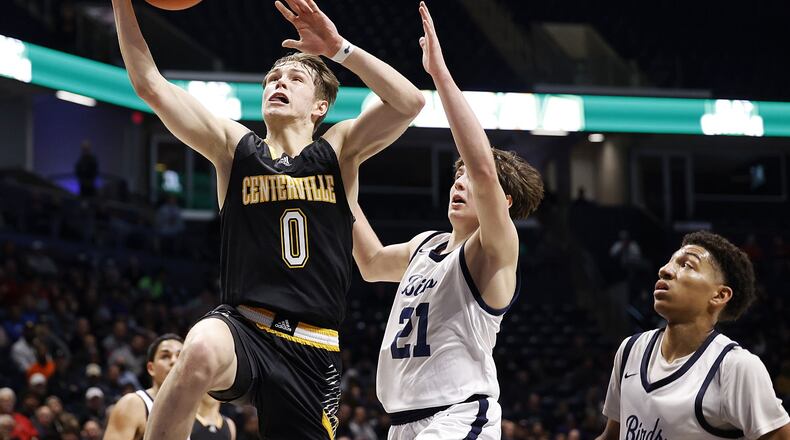 Centerville's Gabe Cupps goes to the hoop during their Division I regional basketball game against Kettering Fairmont Wednesday, March 9, 2022 at Cintas Center on the Xavier University campus in Cincinnati. Centerville won 44-42. GRAHAM/STAFF