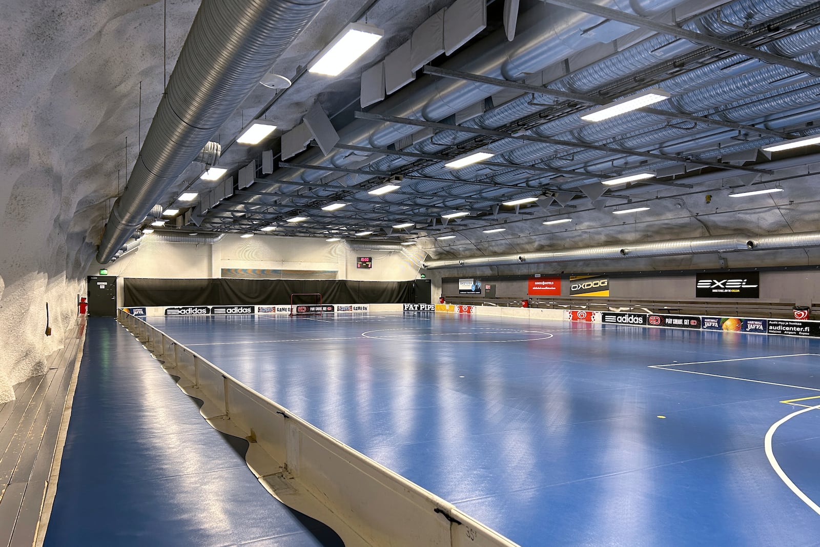 The Merihaka shelter, which can accommodate 6,000 people and includes an underground hockey pitch, is seen in Helsinki, Finland Tuesday, May 13, 2025. (AP Photo/Emma Burrows)