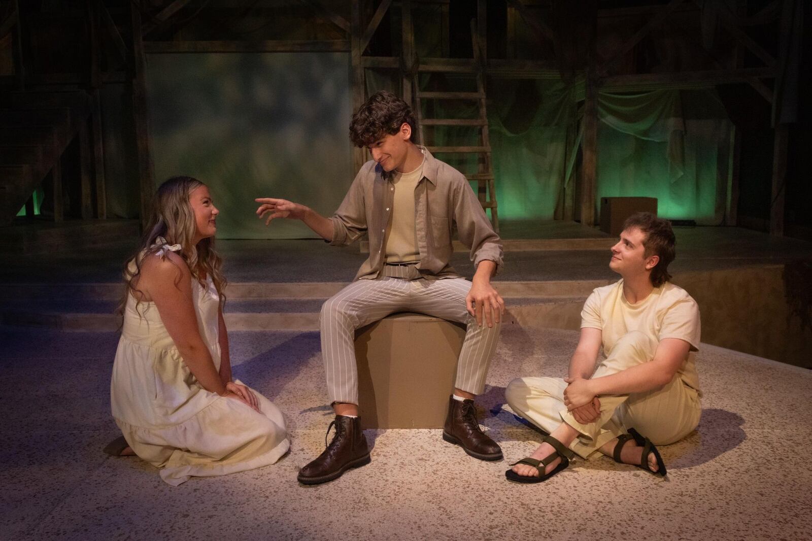 Left to right: Riley Francis (Eve), Nick Abouzeid (Father) and Nicholas Bradley (Adam) in Epiphany Lutheran Church's production of "Children of Eden." PHOTO BY SARAH PORTMAN