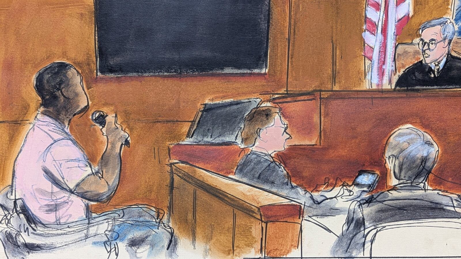 Judge Curtis Farber, far right, questions Juror number one, far left, asking him if he is willing to continue to deliberate on the remaining rape charge during Harvey Weinstein's sexual misconduct trial in Manhattan criminal court, Thursday, June 12, 2025, in New York. (Elizabeth Williams via AP)